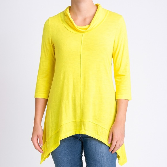 Neon Buddha Tunic Top Women‎ Cowl Neck 3/4 Sleeve Asymmetrical Hem Yellow Size L - Picture 1 of 9